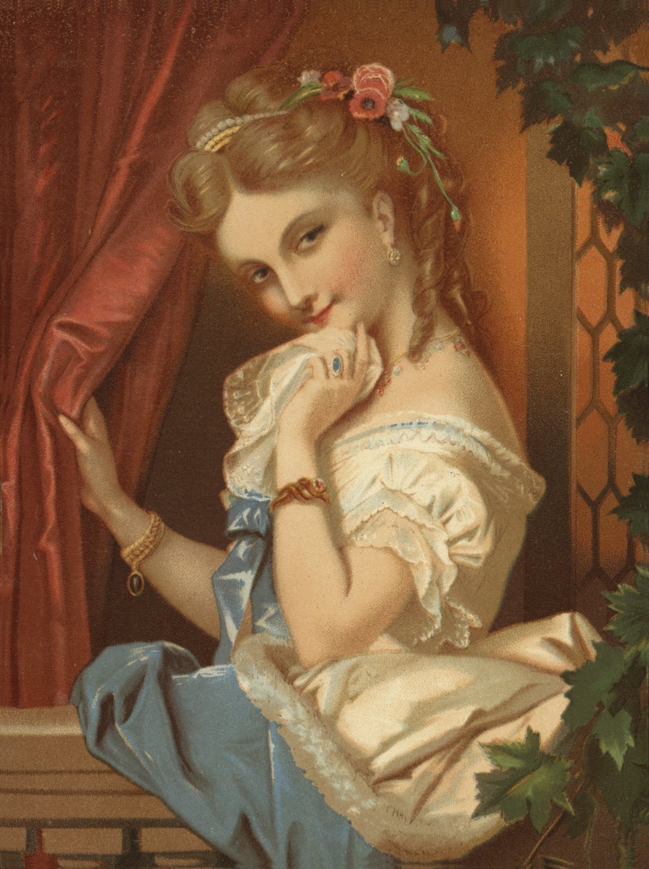 Blond meisje, met verleidelijke glimlach (chromolitho) door French School
