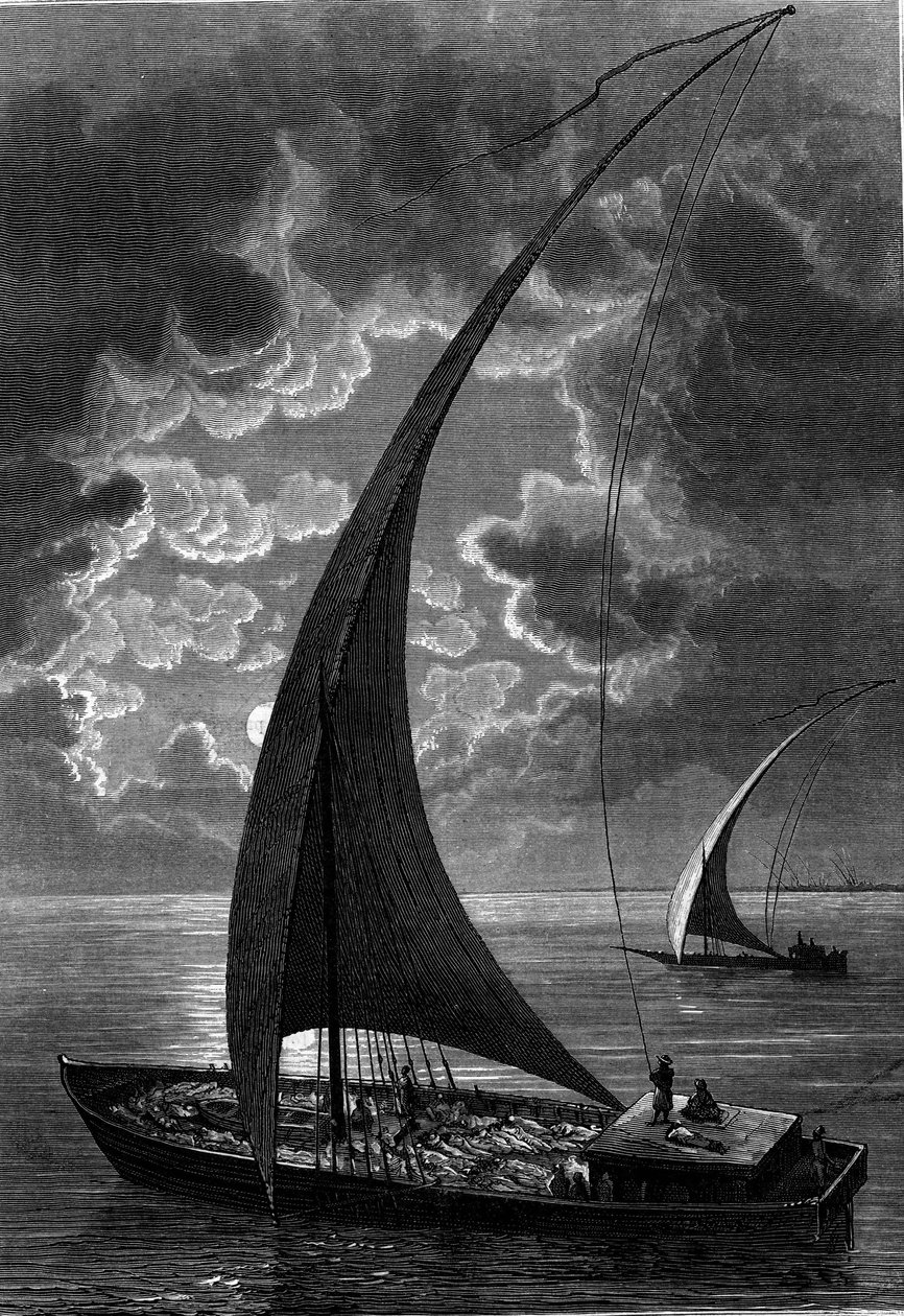 Boot (felouque) op de Nijl, Egypte. Gravure in 