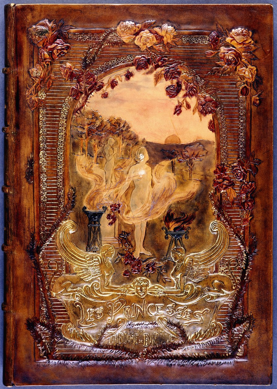 Boekomslag, met een vrouwelijke naakt die rozen strooit in een landschap, 1904 door French School