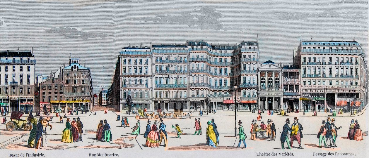Boulevard Poissonniere en Boulevard Montmartre - bazaar van industrie - Rue Montmartre - Théâtre des Variétés en passage des Panoramas - Gravure in 