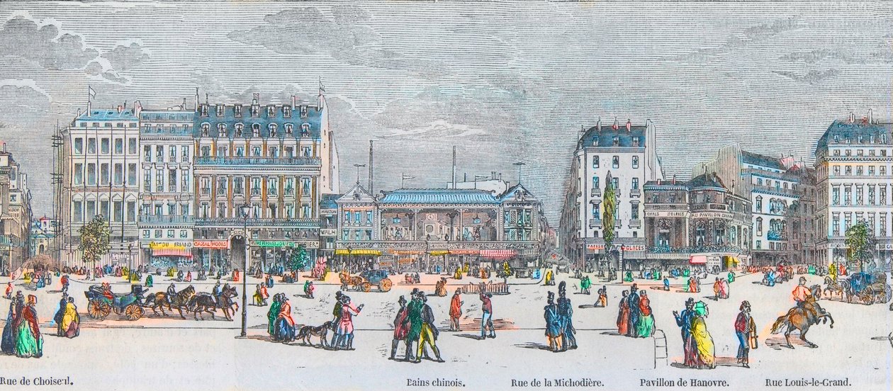 Boulevard des Italians zuidkant en Boulevard des Capucines zuidkant - Rue de Choiseul - Bains chinois - Rue de la Michodiere - Pavillon de Hanover - Rue Louis-le-Grand - Gravure in 