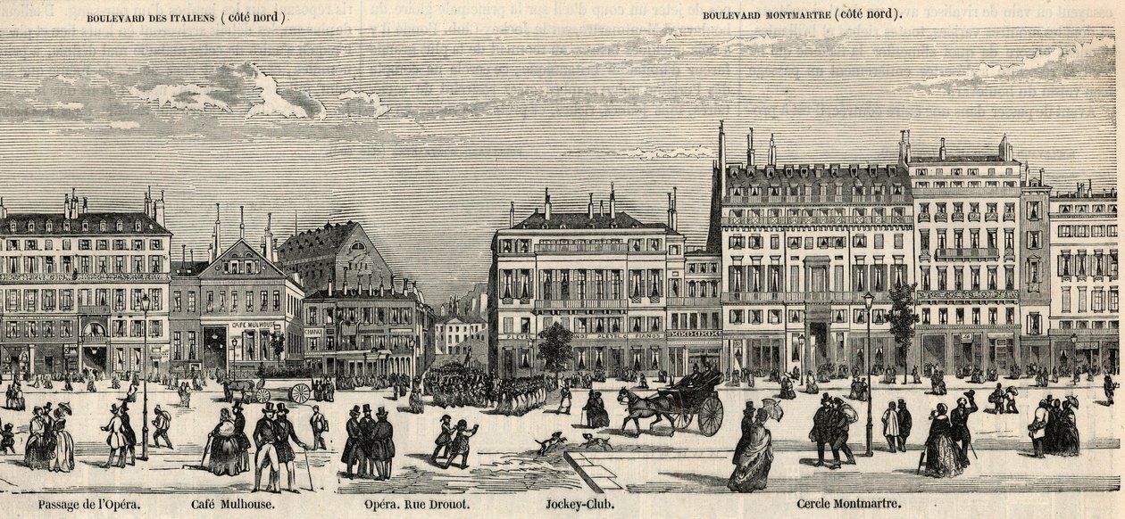 Boulevard des Italiens en boulevard Montmartre - Cafe Mulhouse - Cercle Montmartre - Jockey club - Gravure in 