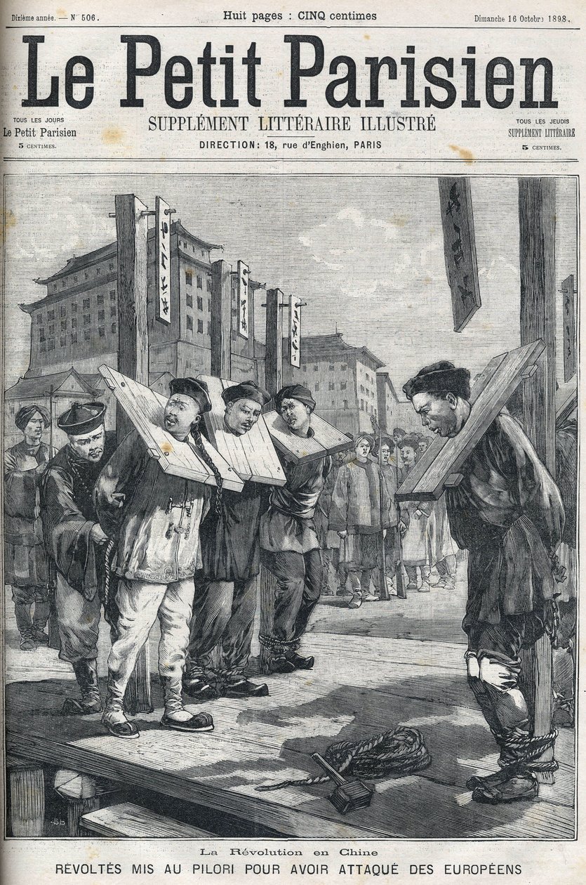 Boksersopstand in China in 1898: Opstandelingen aan de schandpaal voor het aanvallen van Europeanen. Omslag van 