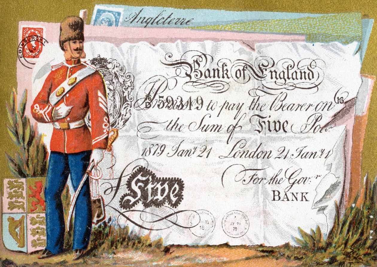 Britse soldaat die een Bank of England vijf pond biljet bewaakt, 1886-95 door French School