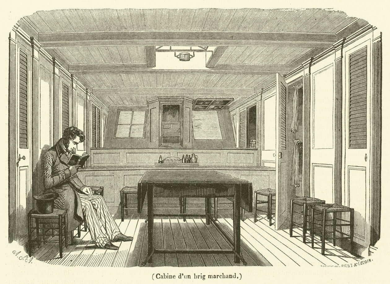 Kajuit van een koopvaardijbrik (gravure) door French School