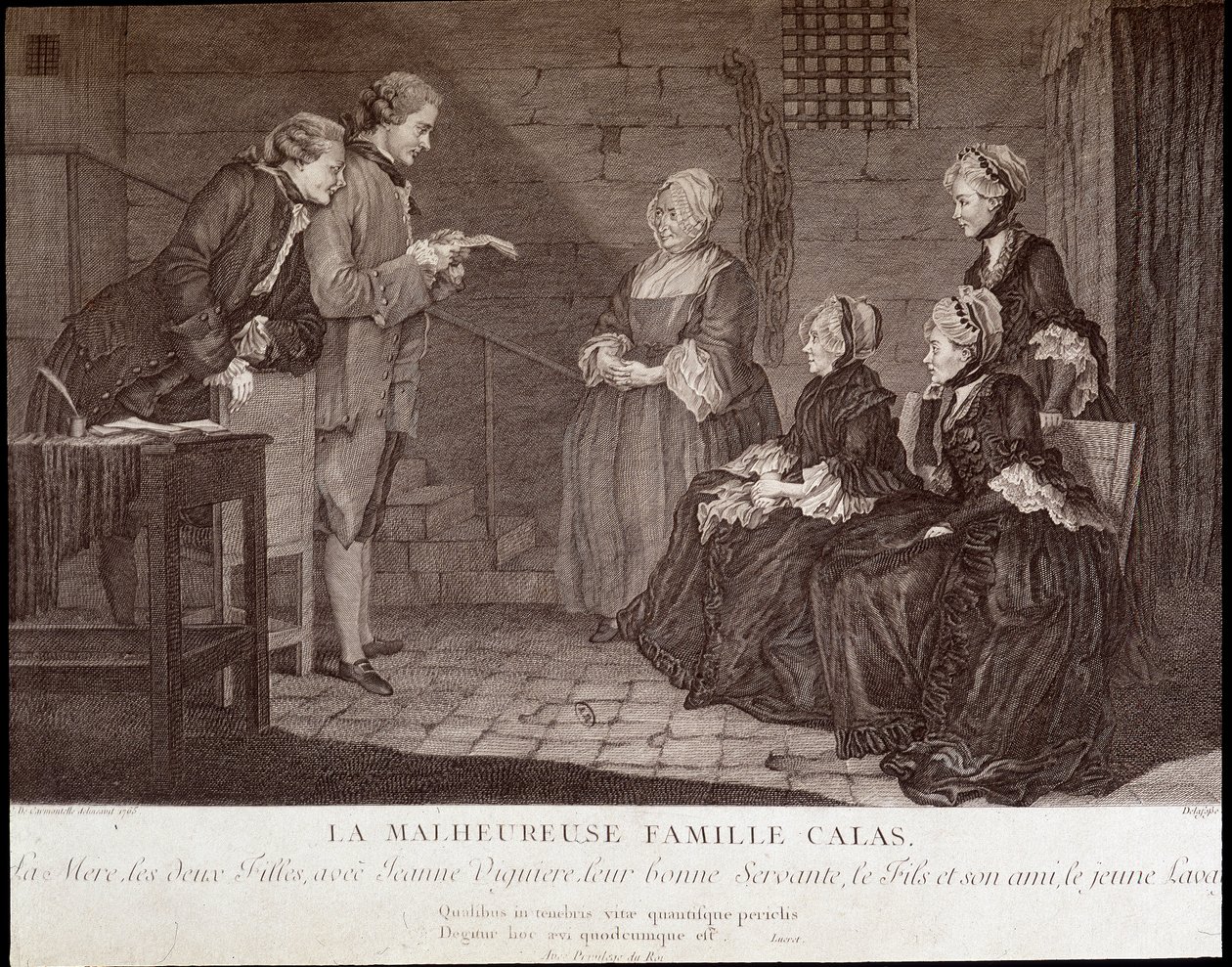 Calas-affaire: De ongelukkige familie van Jean Calas (overleden 1762): de moeder, de twee dochters, met Jeanne Viguiere, hun goede dienaar, de zoon en zijn vriend, ca. 1762 door French School