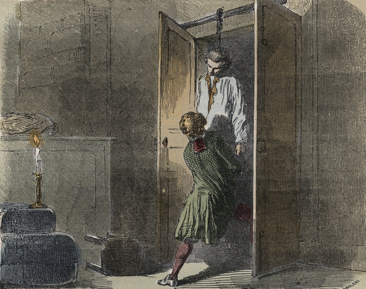 Calas zaak: op 13 oktober 1761 werd Marc Antoine Calas opgehangen gevonden in de familieboetiek in Toulouse - Gravure in 