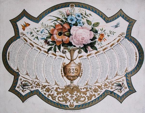 Kalender voor 1839, gegraveerd door Godefroy Engelmann ca. 1838 (kleur litho) door French School