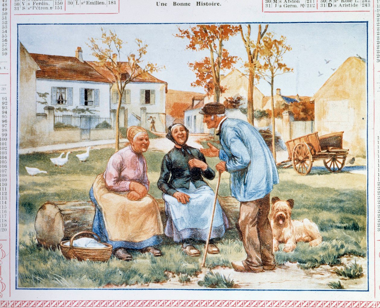 Kalender van Posten en Telecommunicatie (PTT) met drie boeren die discussiëren. 20e eeuw door French School