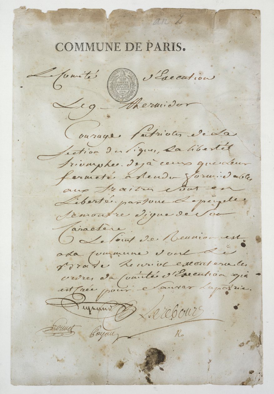 Oproep van Maximilien de Robespierre om zich bij de Commune aan te sluiten, 9 Thermidor An 2 (27 juli 1794) door French School