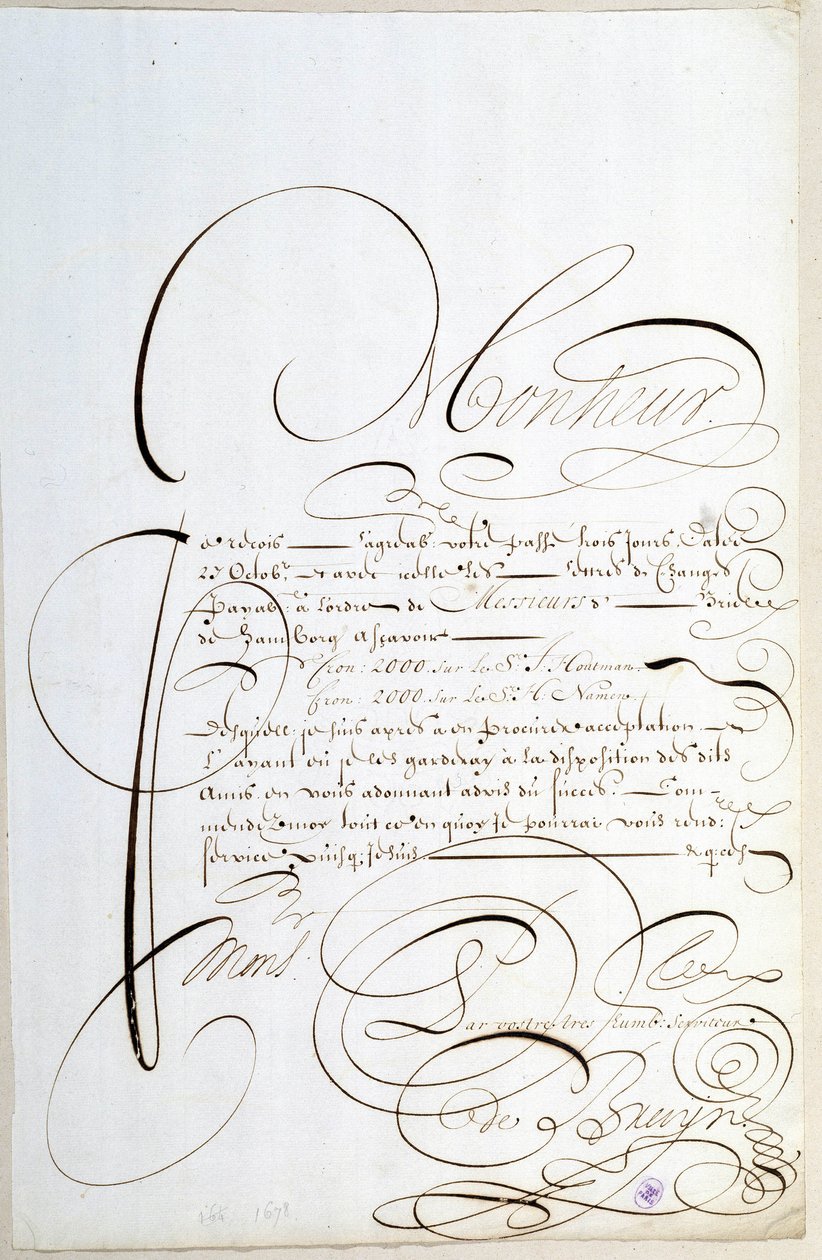 Calligrafie: Brief van rekeningen gecalligrafeerd rond 1678 door Francois de Bruyn door French School