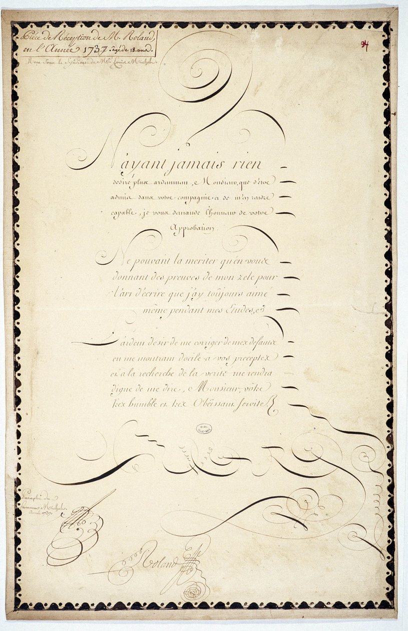 Kalligrafie: Ontvangststuk gedateerd 1737 door Andre Francois Roland door French School