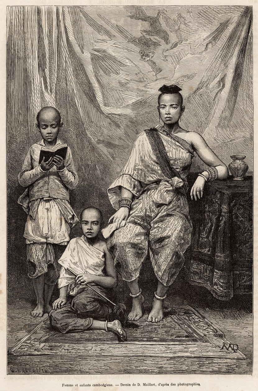 Cambodjaanse vrouw en kinderen, gravure naar een tekening van D.Maillart, ter illustratie van de reis naar Cochinchine, door dokter Morice, 1872, gepubliceerd in 