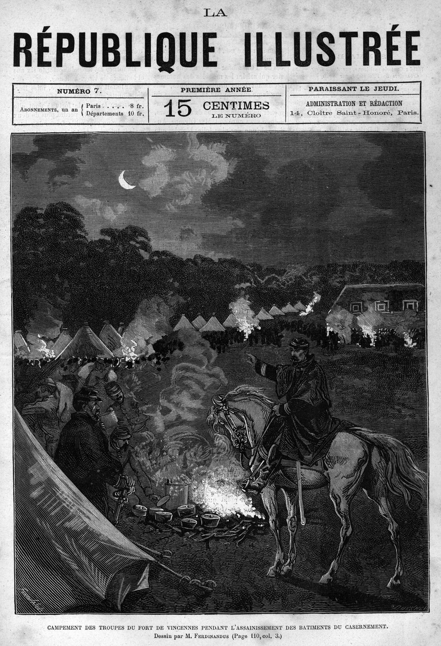 Kamp van de troepen van Fort de Vincennes tijdens de schoonmaak van de kwartiergebouwen. Een krant. Gravure uit 1880 in 