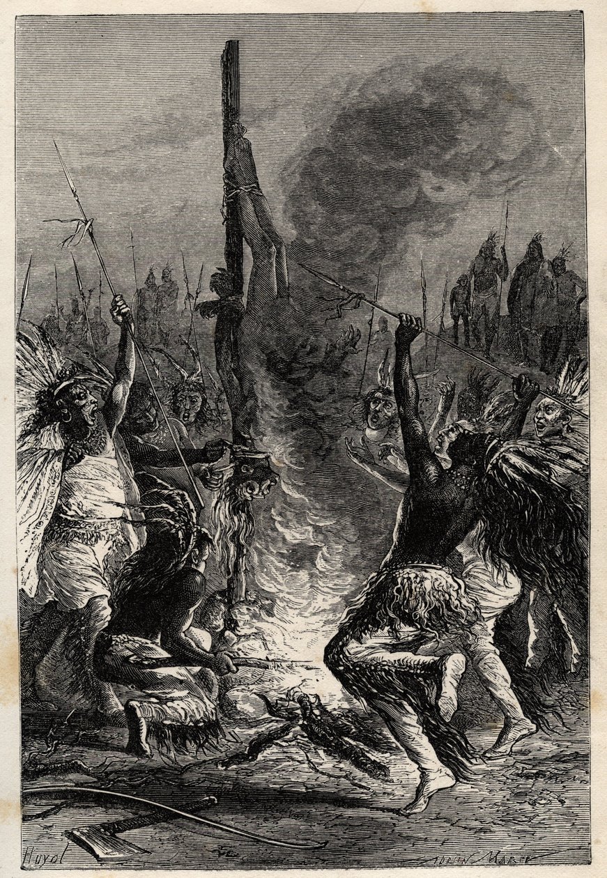 Kannibalisme - Tierra del Fuego in Chili in de 19e eeuw - gravure uit "L