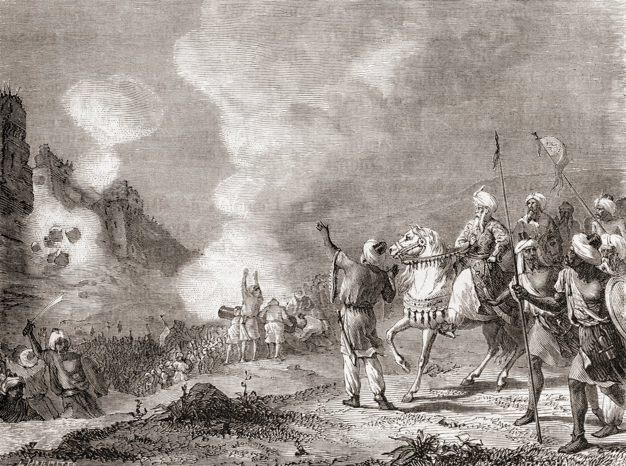 Kanonnen gebruikt als belegeringsmachines door sultan Abu Yaqub Yusuf bij het beleg van Sijilmasa, Marokko in 1274, uit Les Merveilles de la Science, gepubliceerd ca. 1870 (gravure) door French School