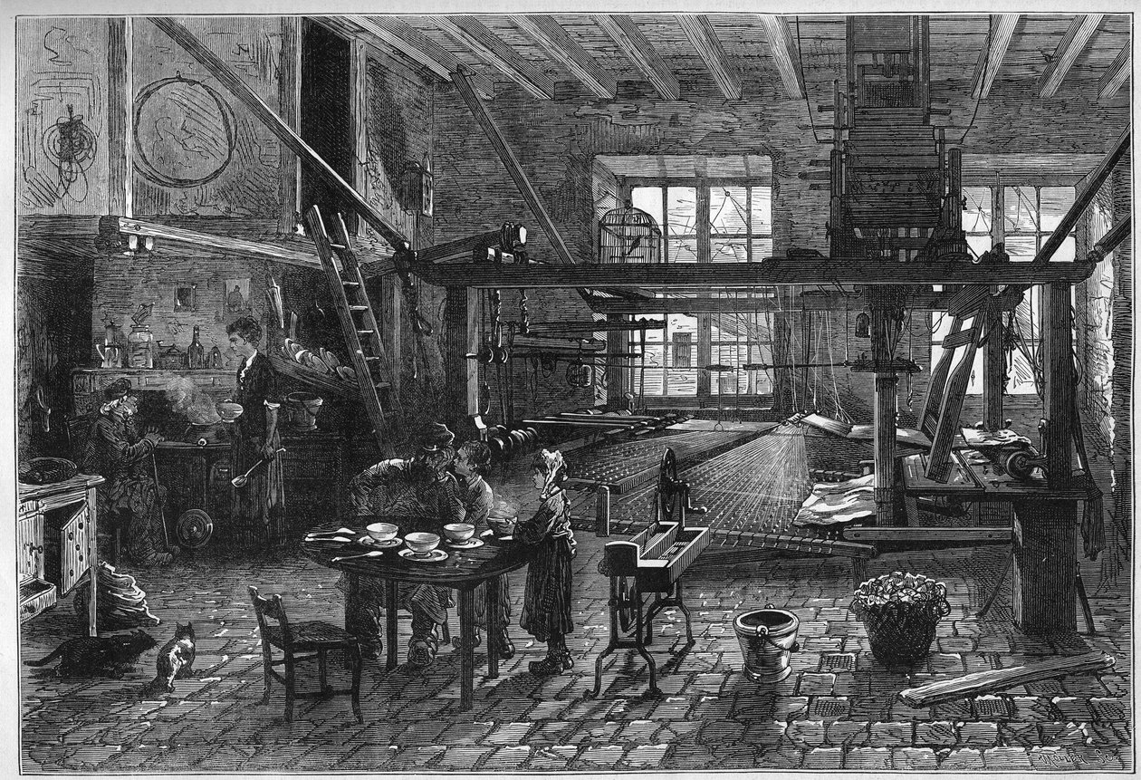 Canut werkplaats. Interieur van een zijdeweverij in Lyon tijdens een crisis aan het einde van de 19e eeuw. Gravure in Le Monde Illustré nr. 1039 van 10 maart 1877. door French School