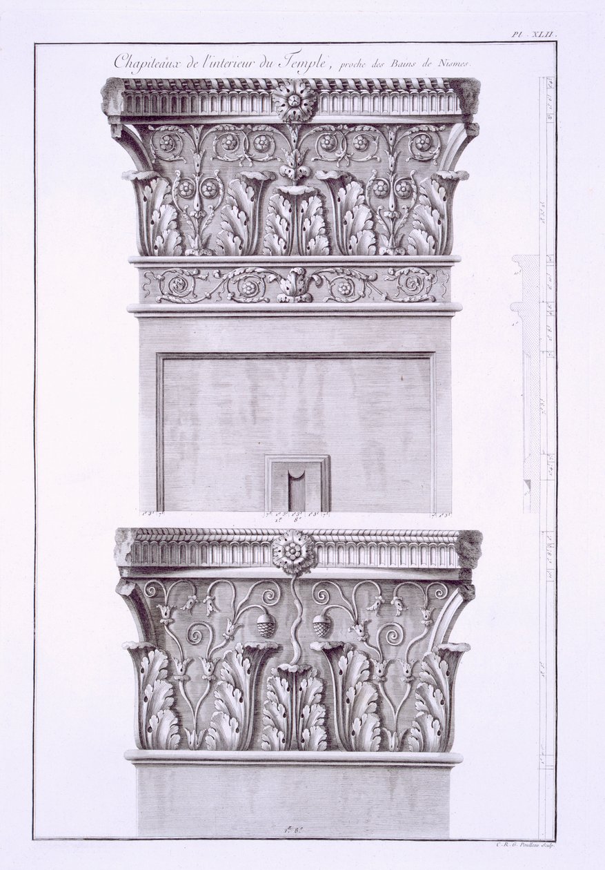 Kapitalen van de tempel bij de Romeinse baden, Nimes door French School