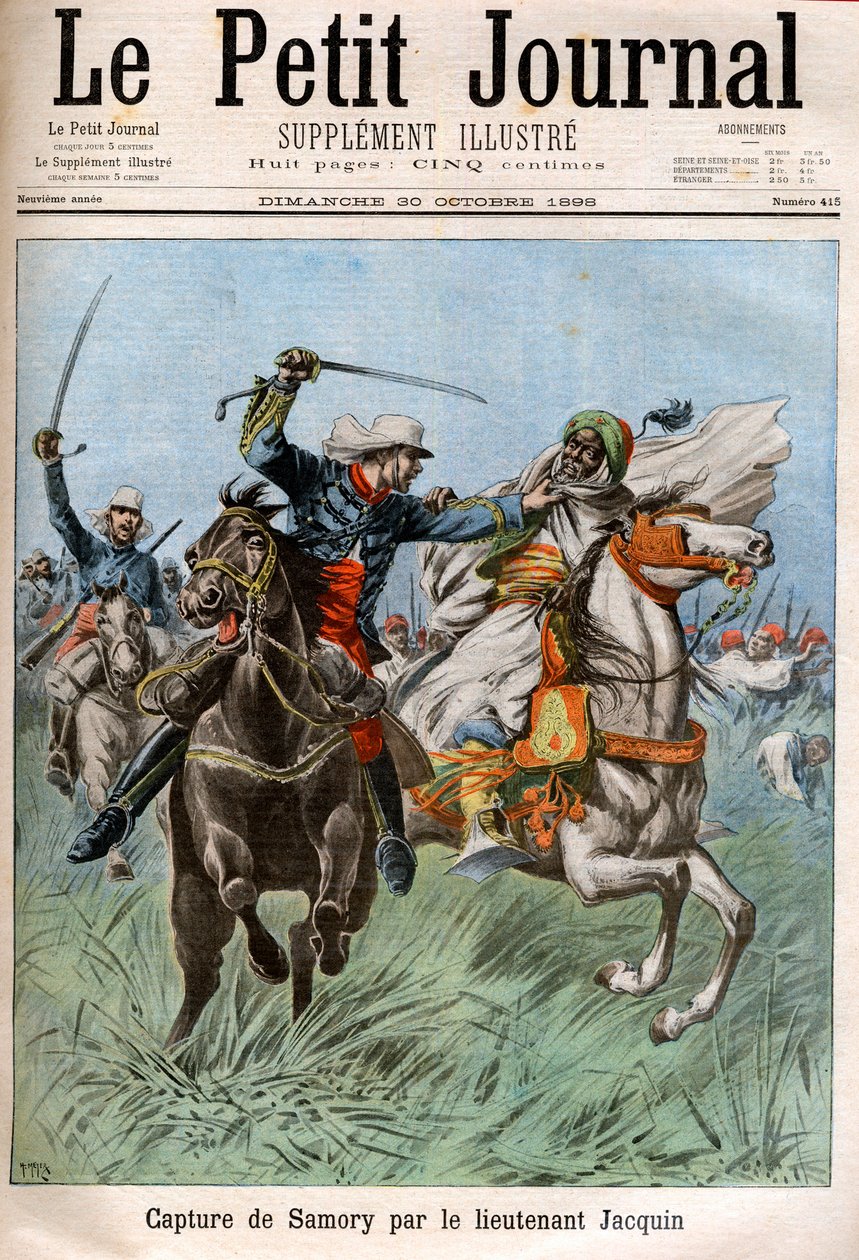 Gevangenneming van Samory Toure (circa 1830-1900), Soedanese leider en tegenstander van de Franse kolonisatie in Afrika, door kapitein Gouraud en luitenant Jacquin. Soedan door French School
