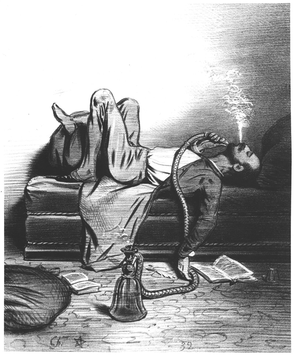Karikatuur van de Romantische Schrijver die zijn inspiratie zoekt in de Hasj, c. 1849 door French School