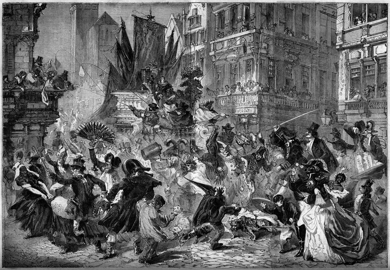 Carnavalscène in de straten van Antwerpen (België) in 1860. Gravure in 