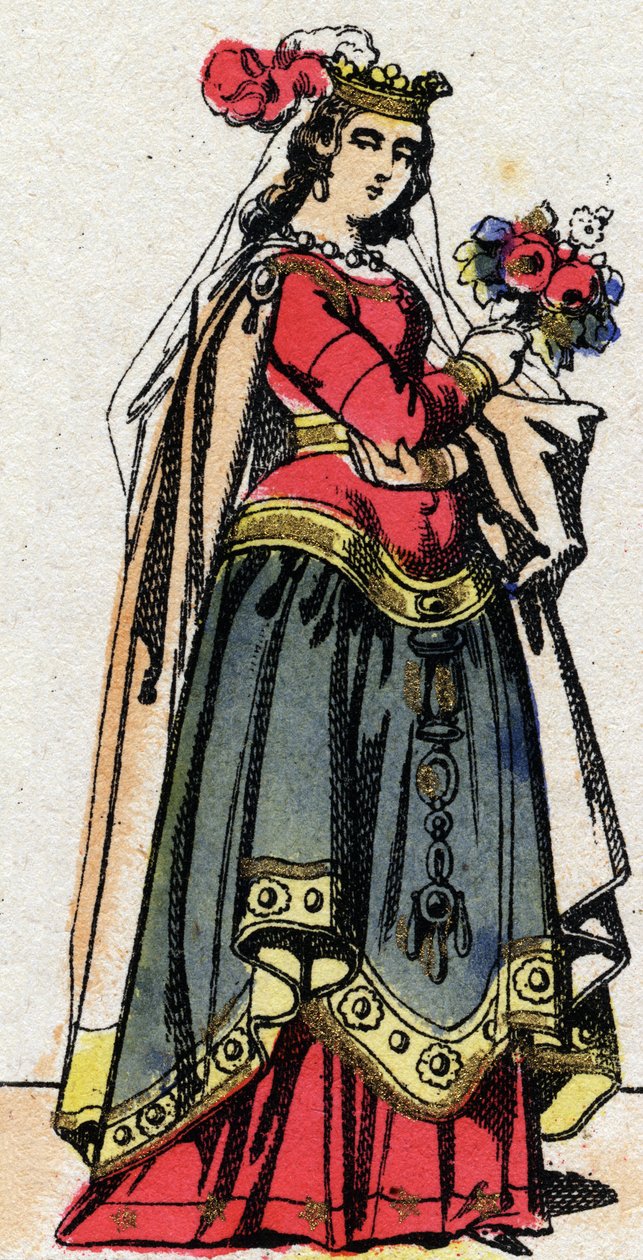 Karolingische dynastie: Portret van Hildegarde van Vintzgau (ca. 758-783), echtgenote van Karel de Grote (Carolus Magnus, 742-814). Epinal afbeelding uit het einde van de 19e eeuw. Privécollectie door French School