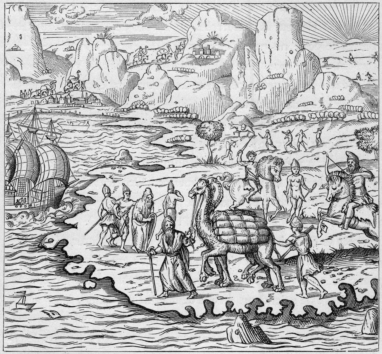 Vervoer van goederen per kameel voor het laden van schepen die de Griekse handelspost in Alexandrië verlaten naar Europa. Gravure in 