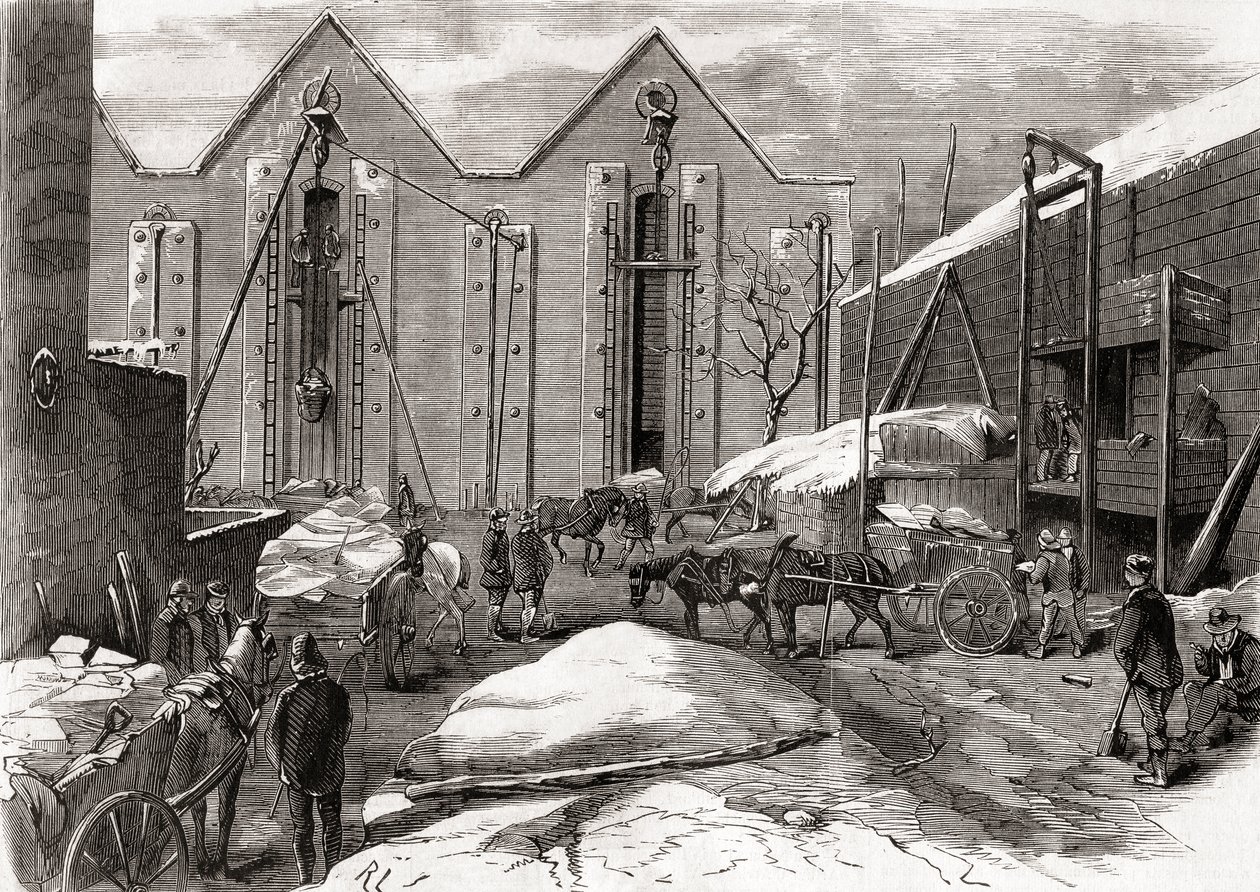 Het ijs vervoeren bij de ijsopslag van Mr Charles, Lindsey House, Londen, uit 