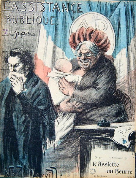 Spotprent die de Assistance Publique bekritiseert, karikatuur uit 