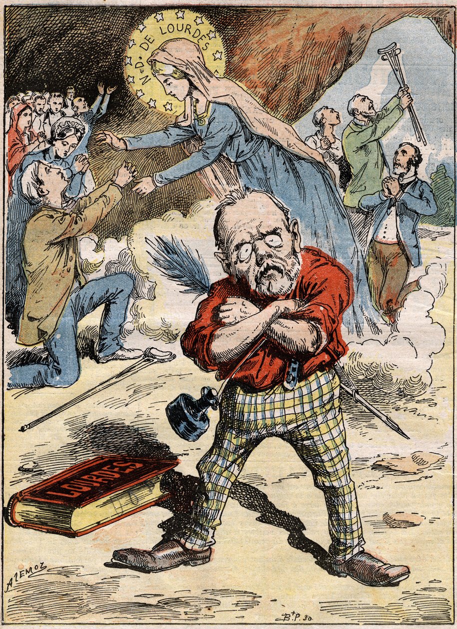 Cartoon van de schrijver Emile Zola (1840-1902) die perplex staat over de toewijding van de gelovigen in Lourdes, ondanks zijn kritiek op het onderwerp in zijn roman 