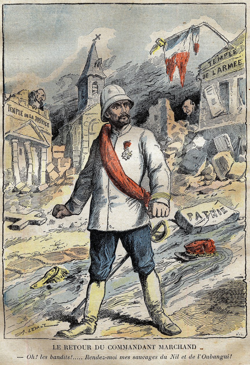 Spotprent op commandant Jean-Baptiste Marchand in Toulon, terugkerend van een ontdekkingsmissie (1896-1899) in Afrika. Gravure in 