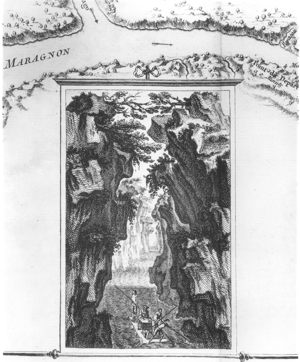 Cartouche met La Condamine op een vlot op de Amazone, op een kaart genaamd Carte du detroit appele Pongo de Manseriche dans le Maragnon ou la riviere des Amazones, illustratie uit Histoire de l