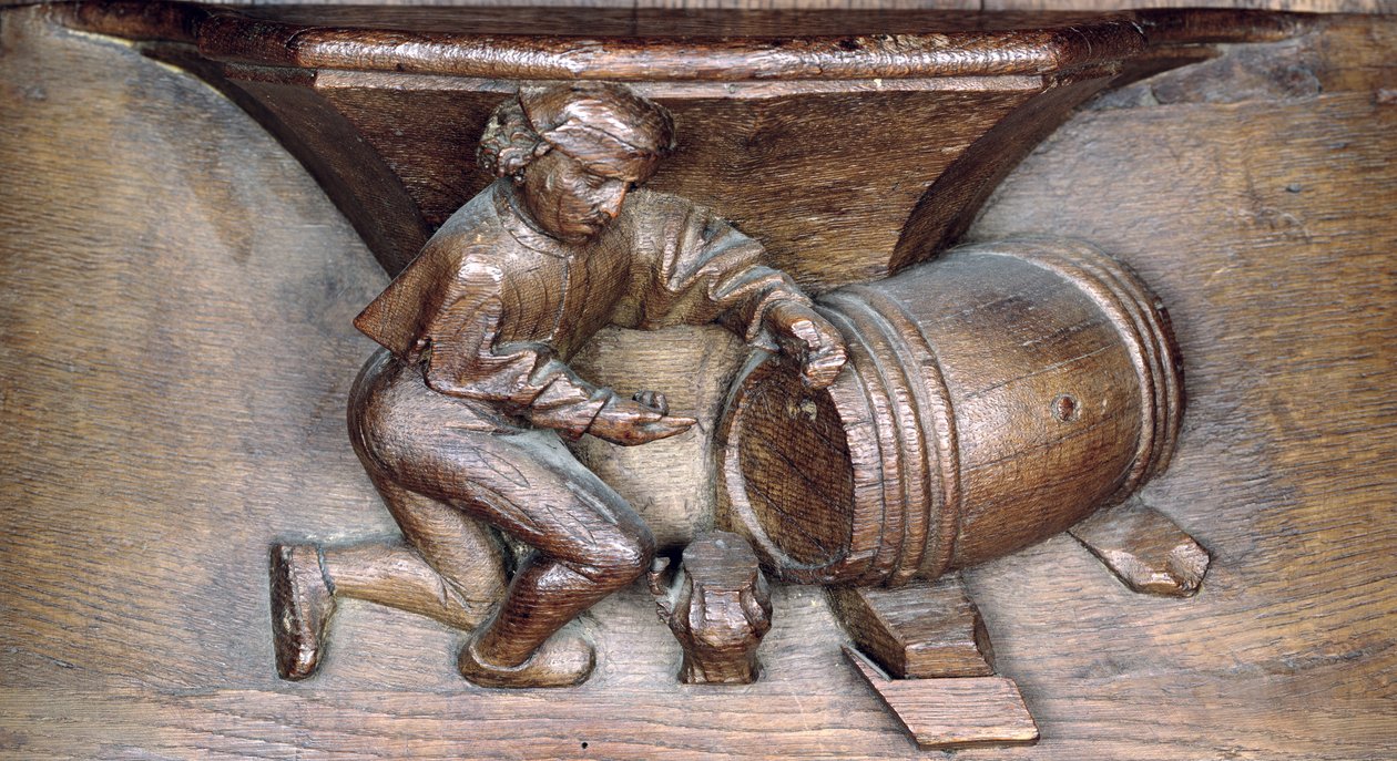 Houtsnijwerk van een man die een kraan op een vat zet, uit een koorbank van de Abdij van St. Lucien in Beauvais (hout) door French School