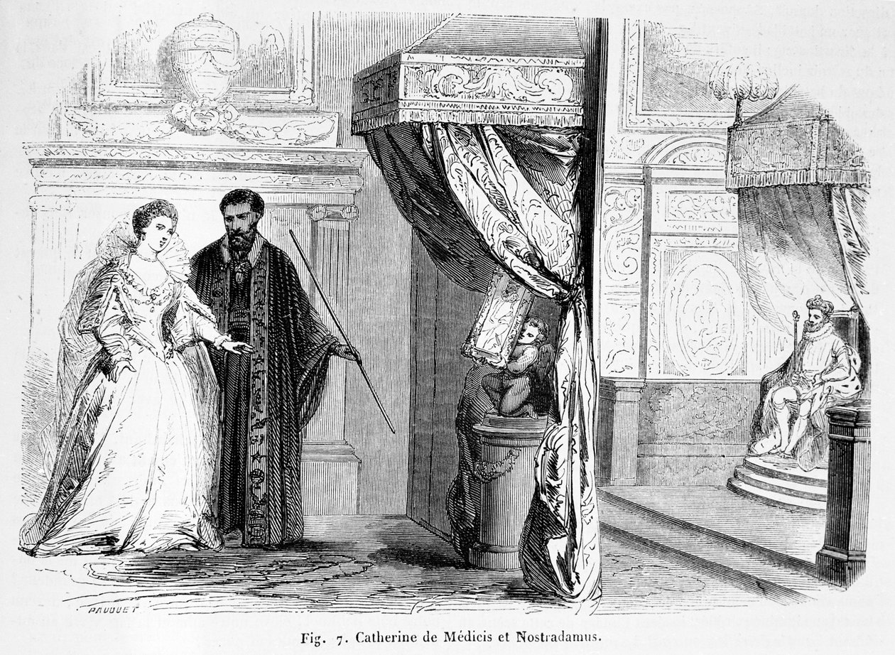 Catherine de Medici (1519-89) met Nostradamus, uit Magasin Pittoresque, 1849 door French School