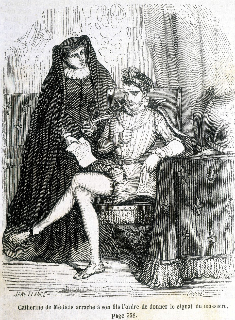 Catherine de Medici dwingt haar zoon (Karel IX) om het bevel te geven voor het signaal van de Bloedbruiloft in 1572 - in 