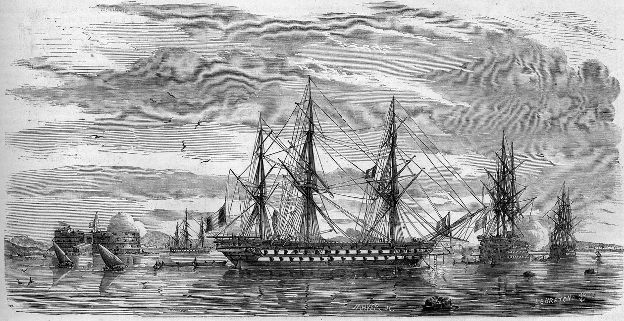 Katholiek feest: Goede Vrijdag (Heilige Vrijdag) in Toulon (Var, 83) in 1858. De schepen hebben hun stangen in kruis en hun vlaggen halfstok als teken van rouw. Gravure in 