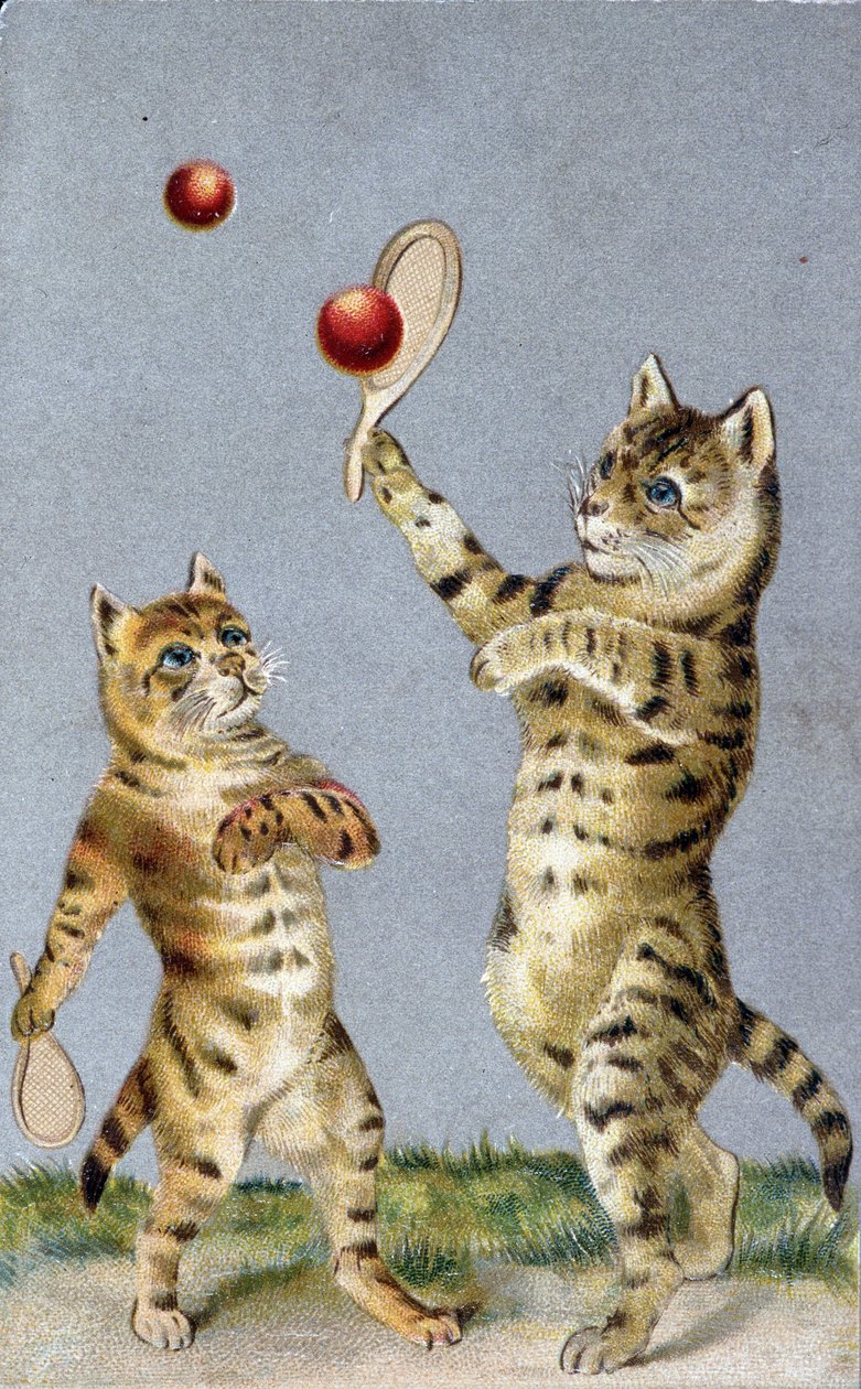 Katten die tennis spelen - ansichtkaart begin 20e eeuw door French School