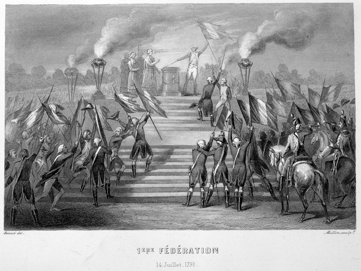 Viering van de 1e Nationale Federatie op 14 juli 1790 op het Altaar van het Vaderland in Champs-de-Mars, ter gelegenheid van de 1e verjaardag van de bestorming van de Bastille - in 
