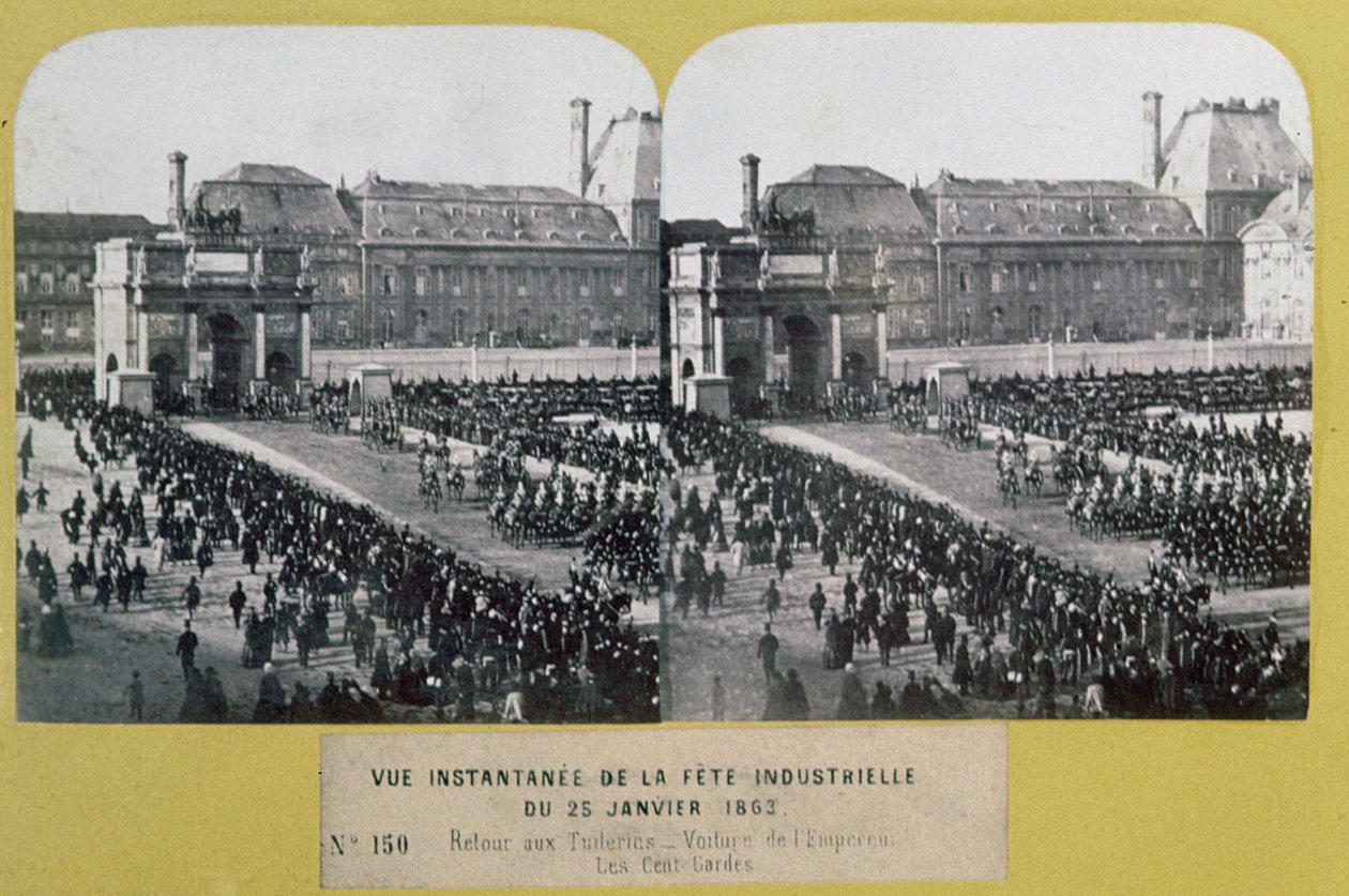 Viering van de industrie bij de Tuilerieën, Place du Carrousel, Parijs, stereoscopisch beeld, 25 januari 1863 door French School