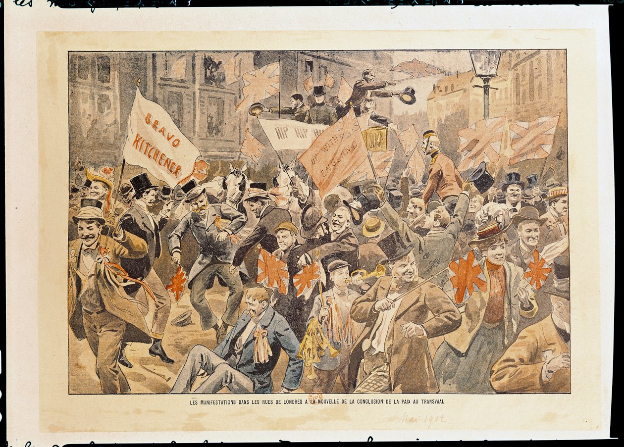 Vieringen in de straten van Londen na het nieuws van de vrede in de Transvaal, mei 1902 door French School
