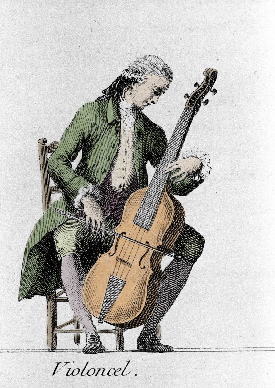 Cellospeler/Cello. Gravure uit het einde van de 18e eeuw door French School