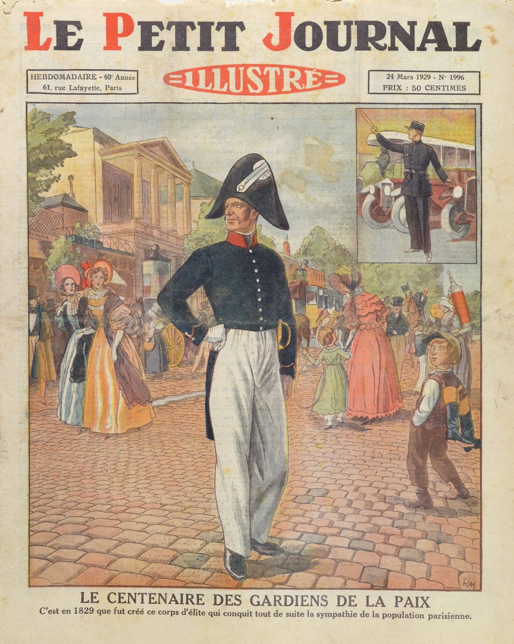 Eeuwfeest van de Gardiens de la Paix, omslagillustratie van Le Petit Journal, 24 maart 1929 door French School
