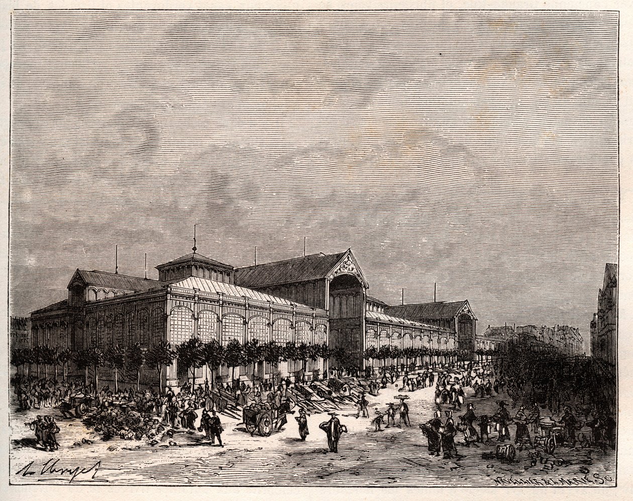 Centrale hallen in Parijs in de 19e eeuw - gravure in 