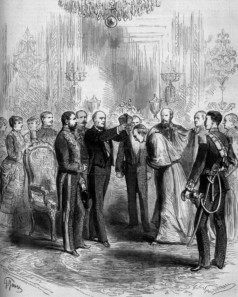Ceremonie voor de presentatie van de kardinaalsinsignes: Pier Francesco Meglia (1810-1883) ontving de rode mantel van de kardinaal terwijl Jules Grevy (1807-1891) de kardinaalshoed op zijn hoofd plaatste. Parijs, Palais de l