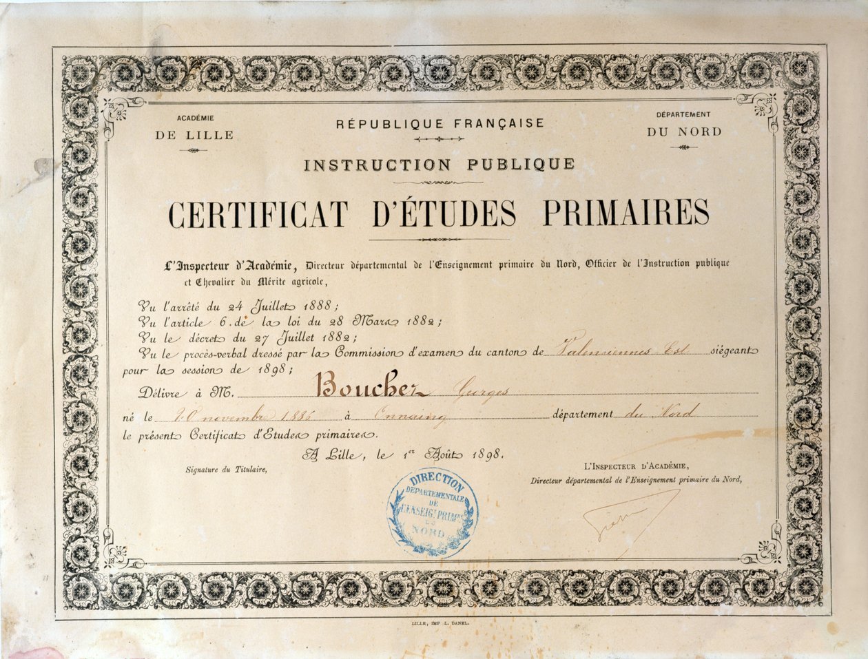 Certificaat van lager onderwijs, Academie de Lille, 1898 (inkt op papier) door French School