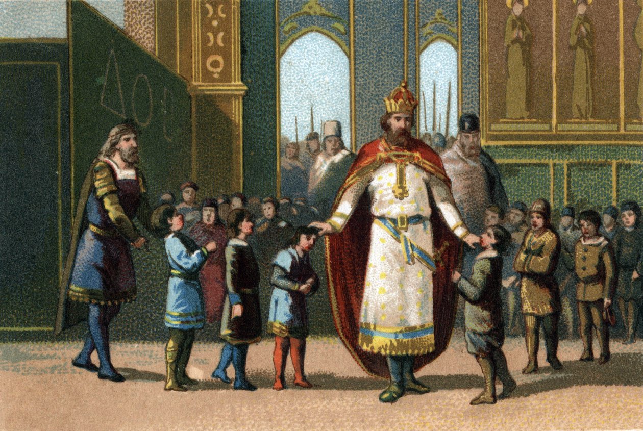 Karel de Grote, koning van Frankrijk van 768 tot 814, stichter van de school, houdt toezicht op de lessen. door French School
