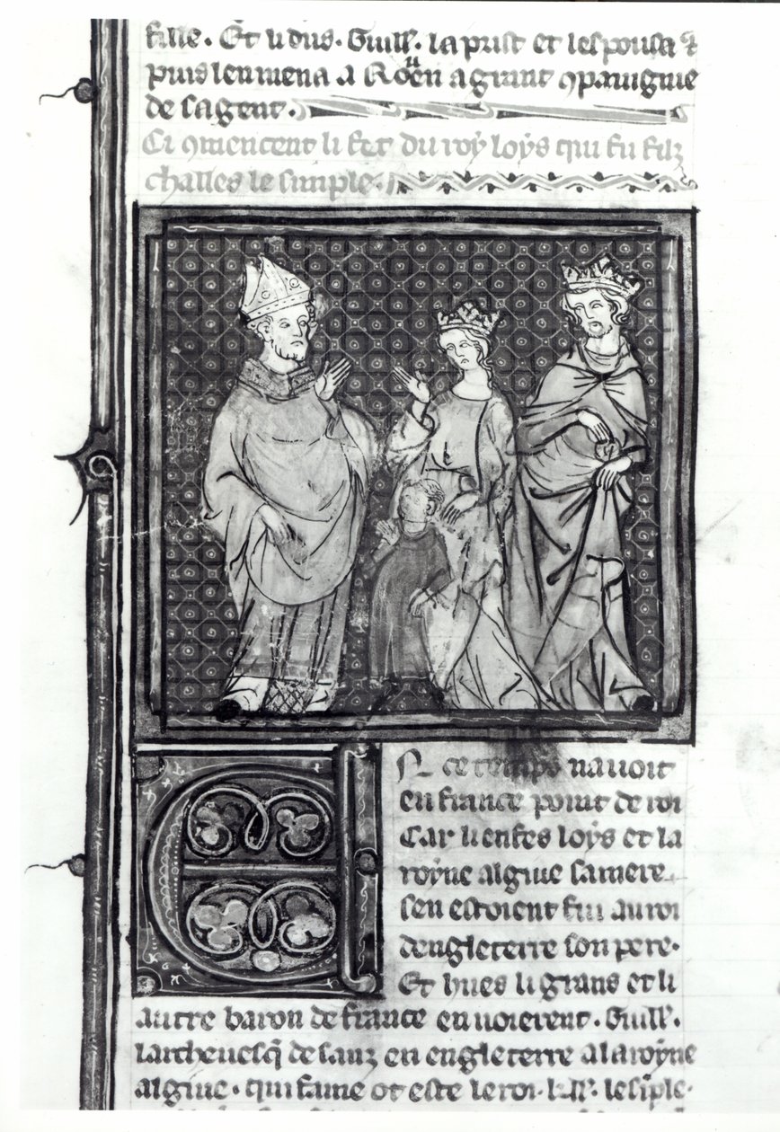 Karel III (879-929) de Eenvoudige met zijn vrouw en zijn zoon, Lodewijk IV (921-954), Grandes Chroniques de France, 1375-79 door French School
