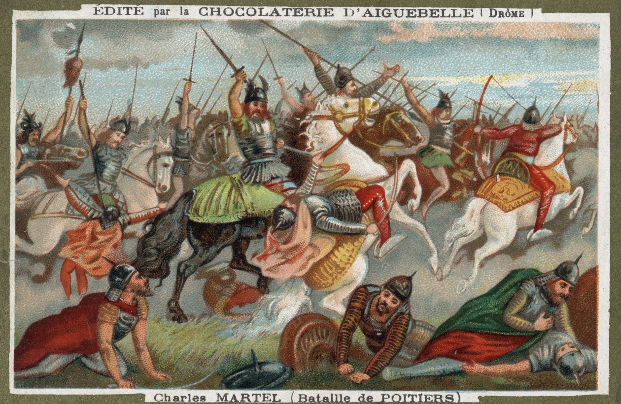 Karel Martel stopt de moslims bij de Slag bij Poitiers in 732. Chromolithografie uit de 19e eeuw. door French School