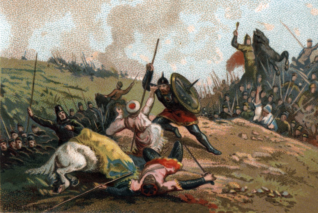 Karel Martel stopte de invasie en doodde de leider van het leger van Abd al-Rahman I of Abderamane I (731-788), leider van de Saracenen. Chromolithografie rond 1890. door French School