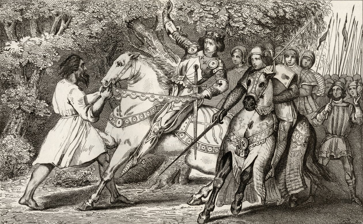 Charles VI (1368-1412) de Krankzinnige wordt gewaarschuwd voor een hinderlaag in het bos bij Angers, uit 